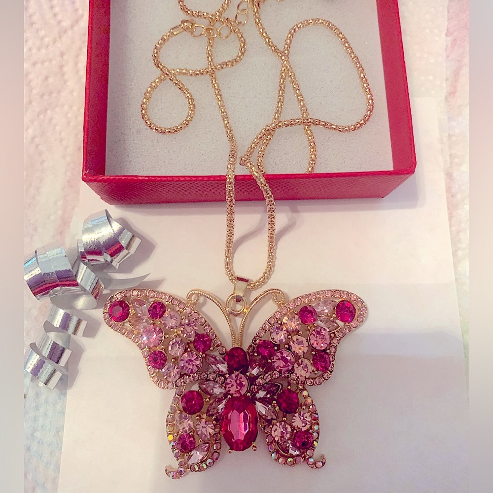 Betsey Johnson Colorful Butterfly pink gold Necklace cz Rhinestone NEW 18"-22"
